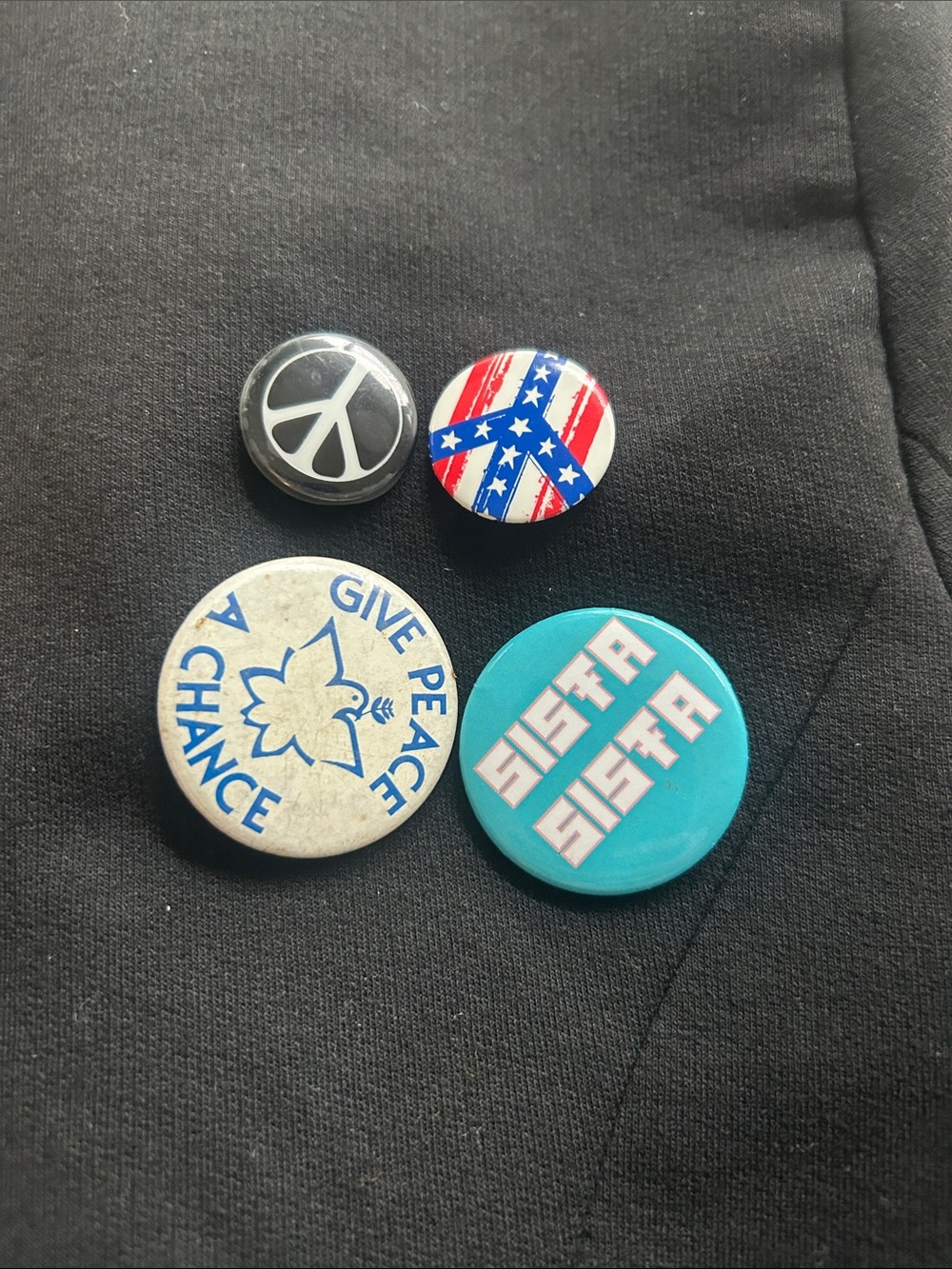 Vintage Peace Symbol & Slogan Pin Button Set - Blue, Teal, Black, Red